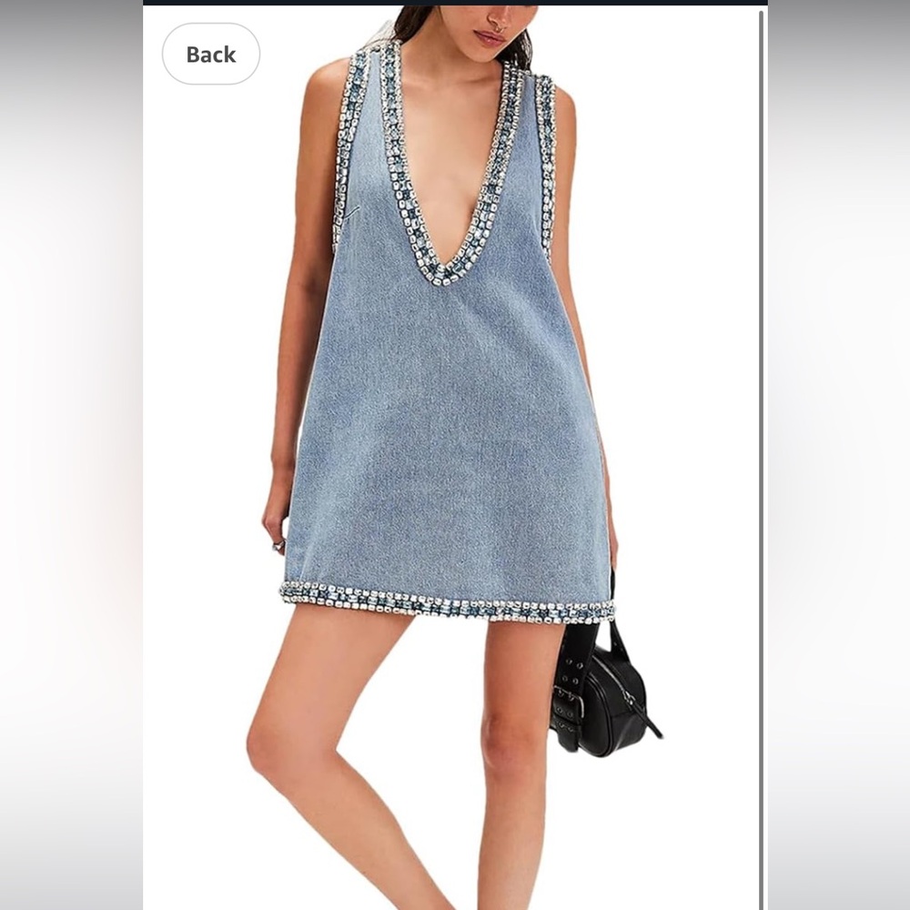 Pstchwork Diamonds Denim Dress V Neck Sleeveless Pullover Mini Dress